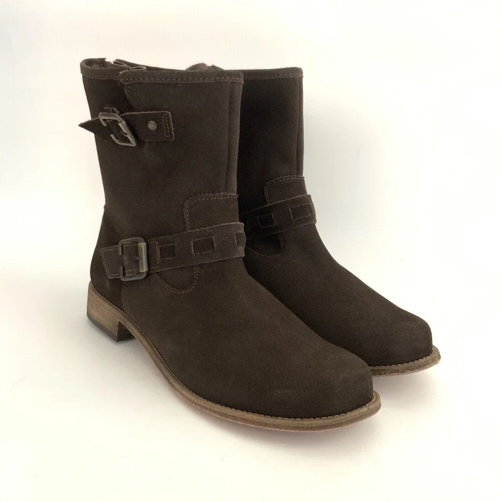 Fitzwell Leather Ankle Boots Brown Double Buckle Zip Back 10